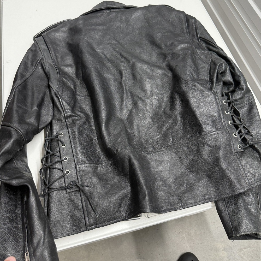 Unbranded Leather Motorcycle Jacket Mens 48 Black Fair Belted Side Lace Biker - Picture 7 of 7
